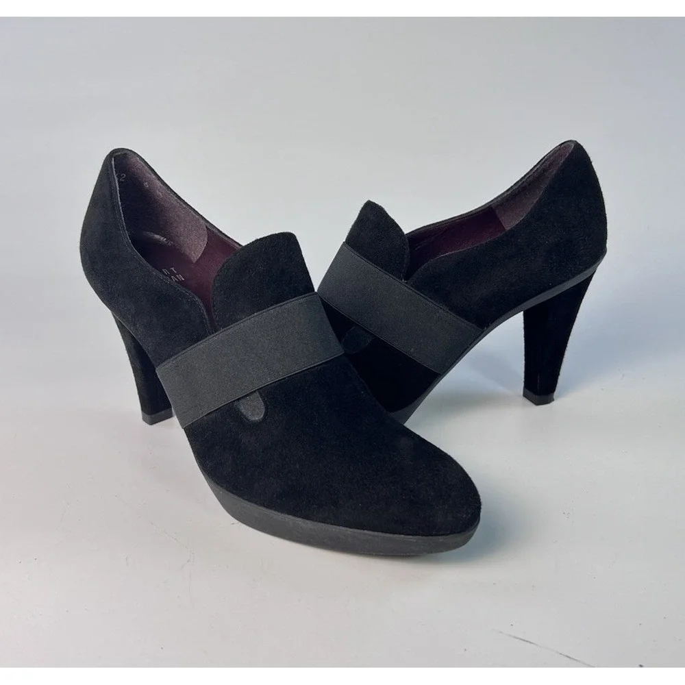 Stuart Weitzman Black Suede Elastic Band Platform Pumps Shooties Heels 6 M Spain